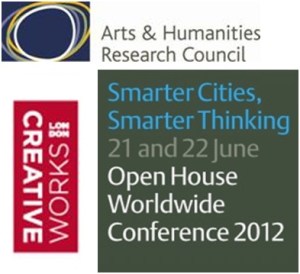 Logos of the AHRC, Smarter Cities, Smarter Thinking and Creative Works.